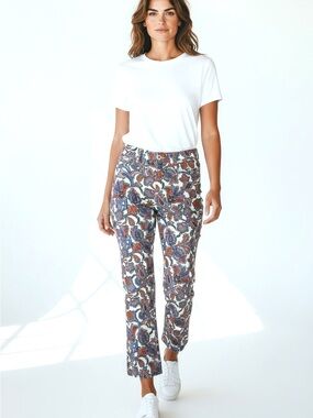 Boden Denim Paisley Cropped Flare Jeans in White, Navy, Pink & Orange